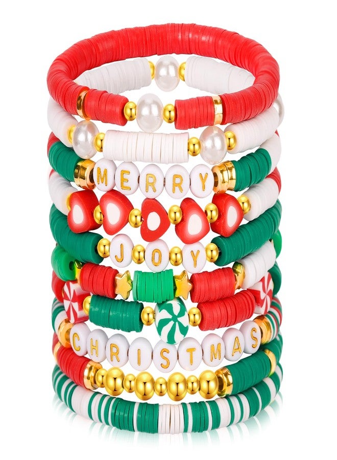 LUYI 10 PCS Christmas Bracelets for Women Holiday Friendship Heishi Surfer Bracelets Disc Clay Beaded Stretch Bracelets Christmas Jewelry Gifts Party Supplies Decor - Image 1